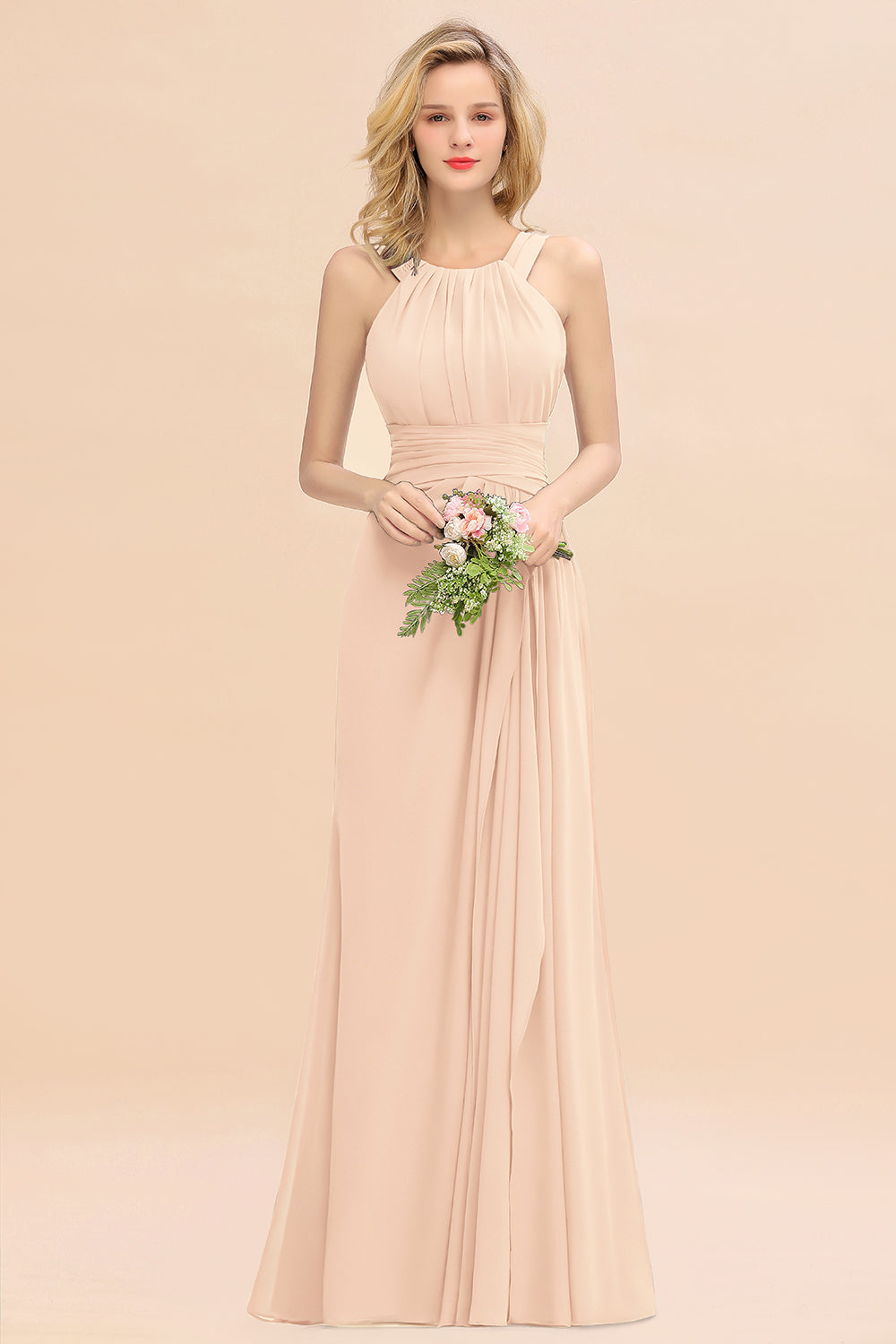 Elegant Round Neck Sleeveless Bridesmaid Dress with Ruffles