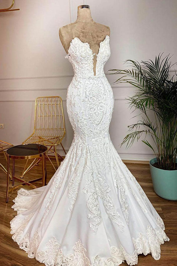 Elegant Satin Sweetheart Mermaid Wedding Dresses White Lace Bridal Gowns With Appliques Online