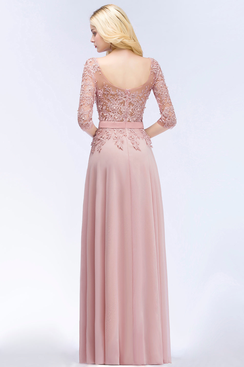Elegant Scoop Half-Sleeves Lace Dusty Rose Bridesmaid Dress With Pearls