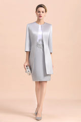 Elegant Silve Short Mother Of the Bride Dress Knee-Length Wedding Party Gowns
