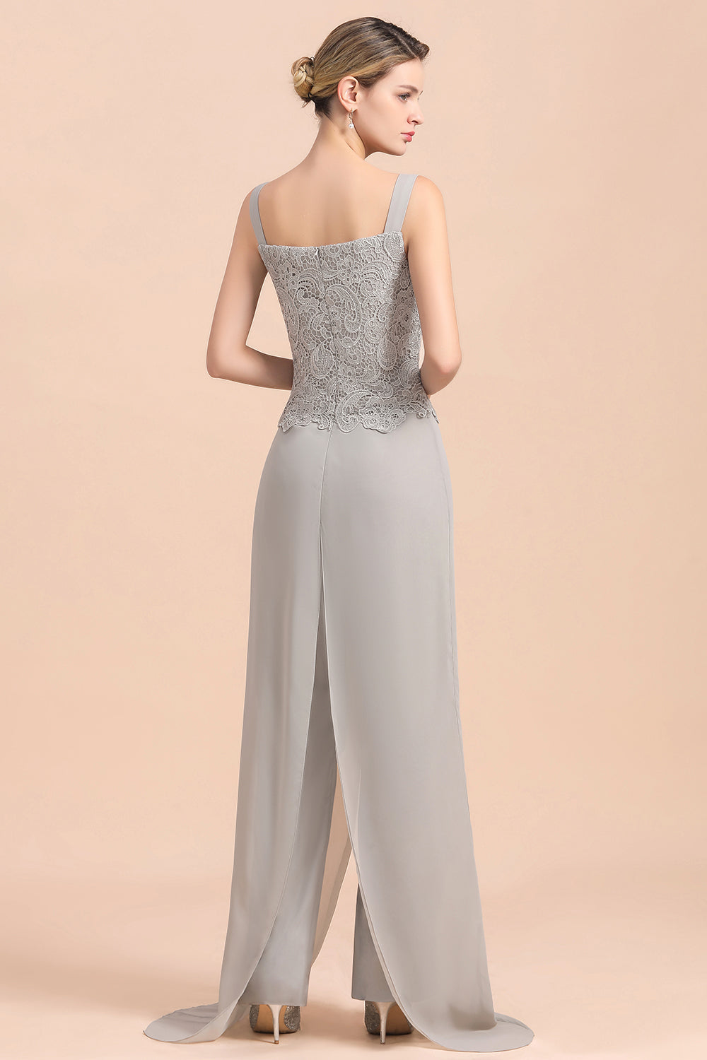 Elegant Silver Lace Top Chiffon Mother of Bride Jumpsuit Online with Wrap