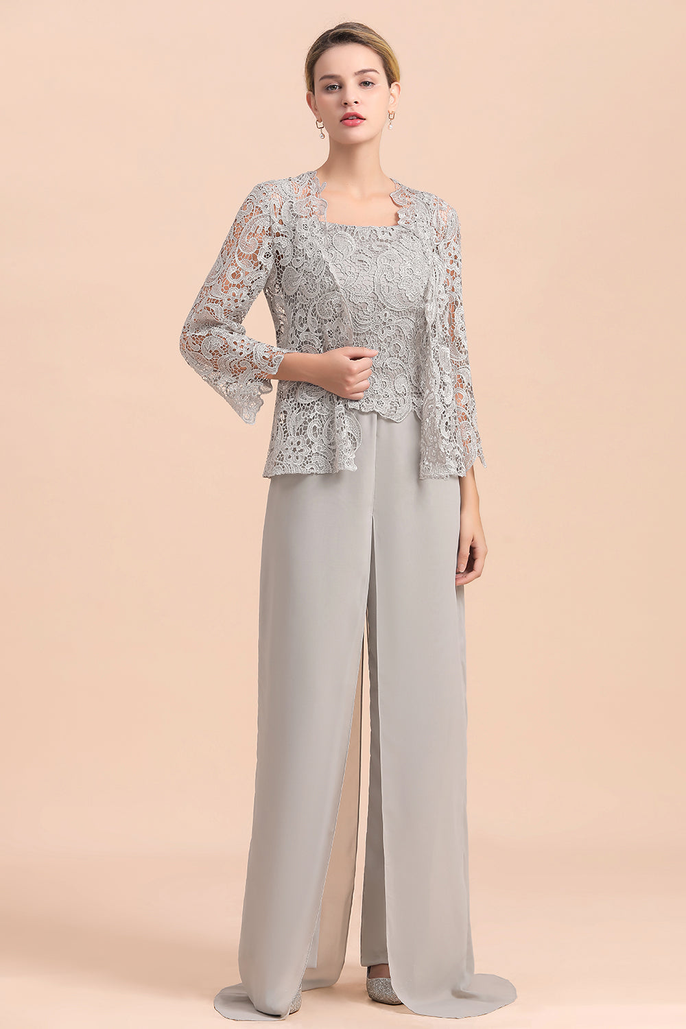 Elegant Silver Lace Top Chiffon Mother of Bride Jumpsuit Online with Wrap