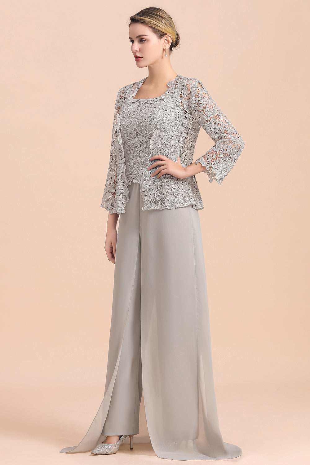 Elegant Silver Lace Top Chiffon Mother of Bride Jumpsuit Online with Wrap