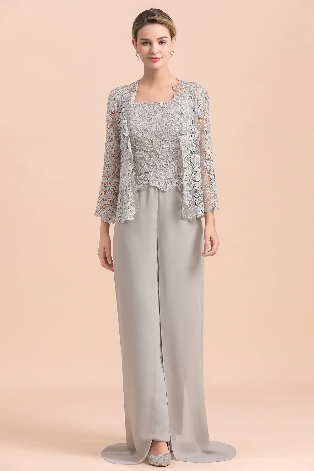 Elegant Silver Lace Top Chiffon Mother of Bride Jumpsuit Online with Wrap