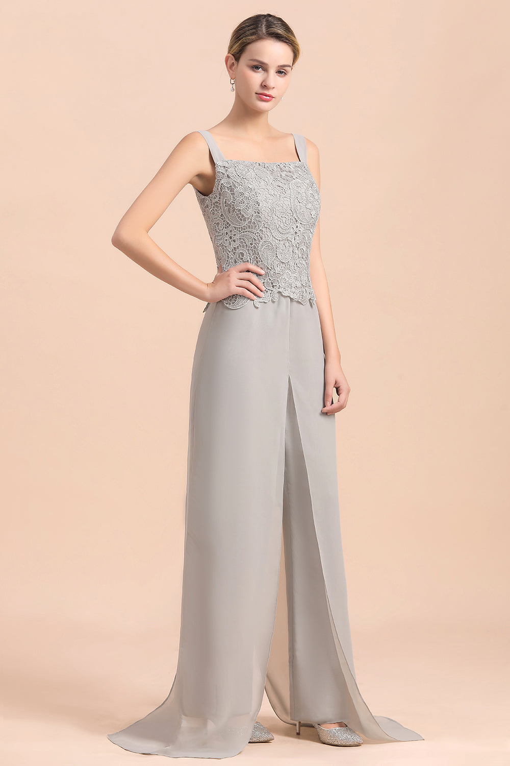 Elegant Silver Lace Top Chiffon Mother of Bride Jumpsuit Online with Wrap