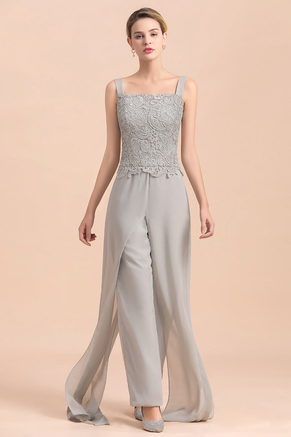 Elegant Silver Lace Top Chiffon Mother of Bride Jumpsuit Online with Wrap