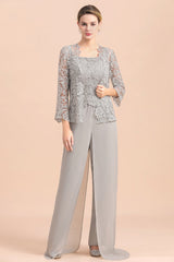 Elegant Silver Lace Top Chiffon Mother of Bride Jumpsuit Online with Wrap