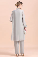 Elegant Sleeveless Appliques Silver Chiffon Mother of Bride Jumpsuit with Wrap