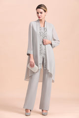 Elegant Sleeveless Appliques Silver Chiffon Mother of Bride Jumpsuit with Wrap