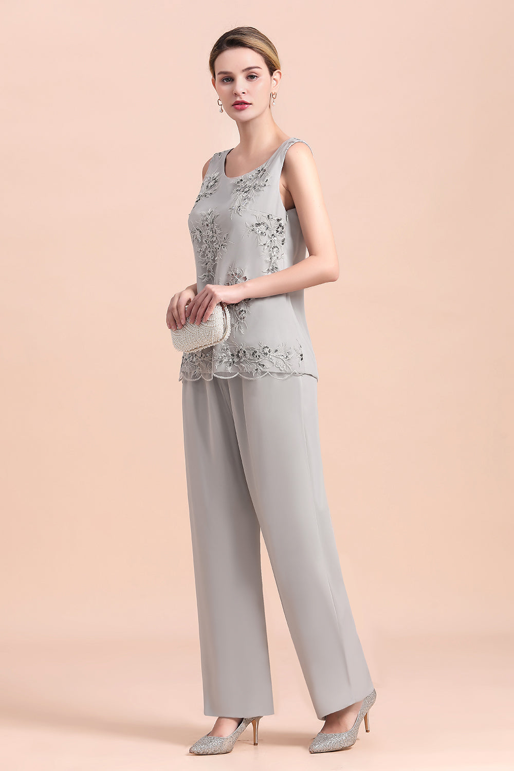 Elegant Sleeveless Appliques Silver Chiffon Mother of Bride Jumpsuit with Wrap