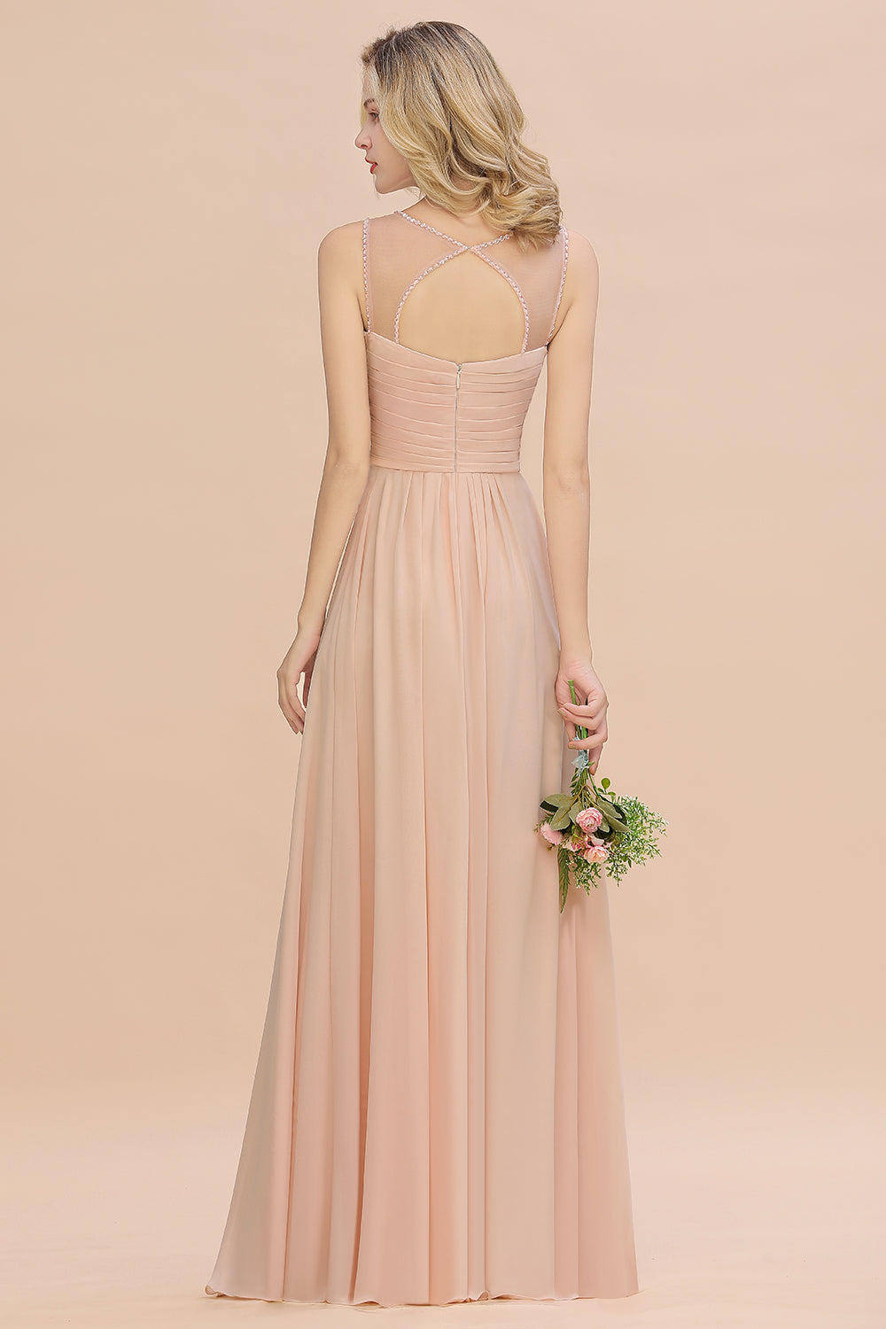 Elegant Spaghetti Straps Pink Backless Bridesmaid Dresses with Beadings