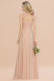 Elegant Spaghetti Straps Pink Backless Bridesmaid Dresses with Beadings