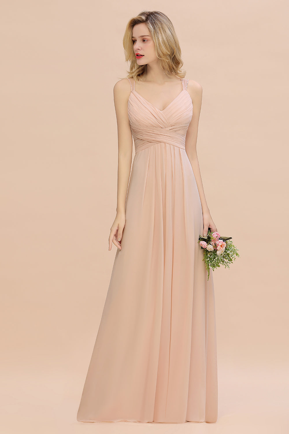 Elegant Spaghetti Straps Pink Backless Bridesmaid Dresses with Beadings