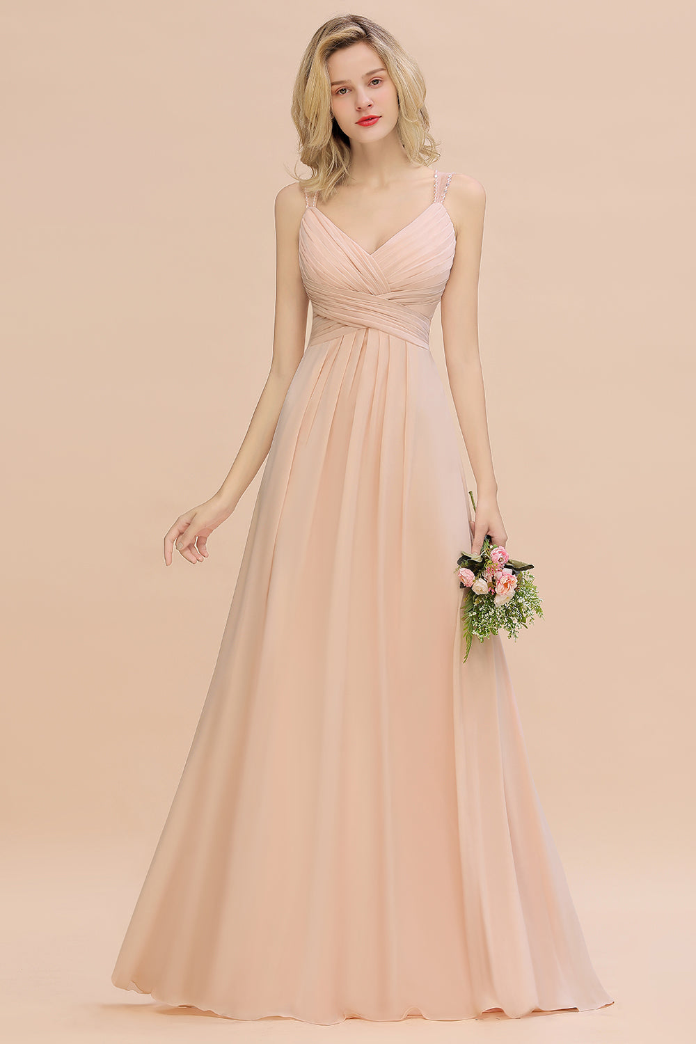 Elegant Spaghetti Straps Pink Backless Bridesmaid Dresses with Beadings
