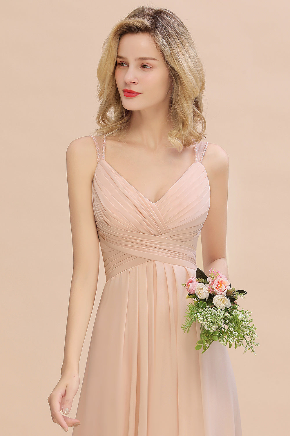 Elegant Spaghetti Straps Pink Backless Bridesmaid Dresses with Beadings