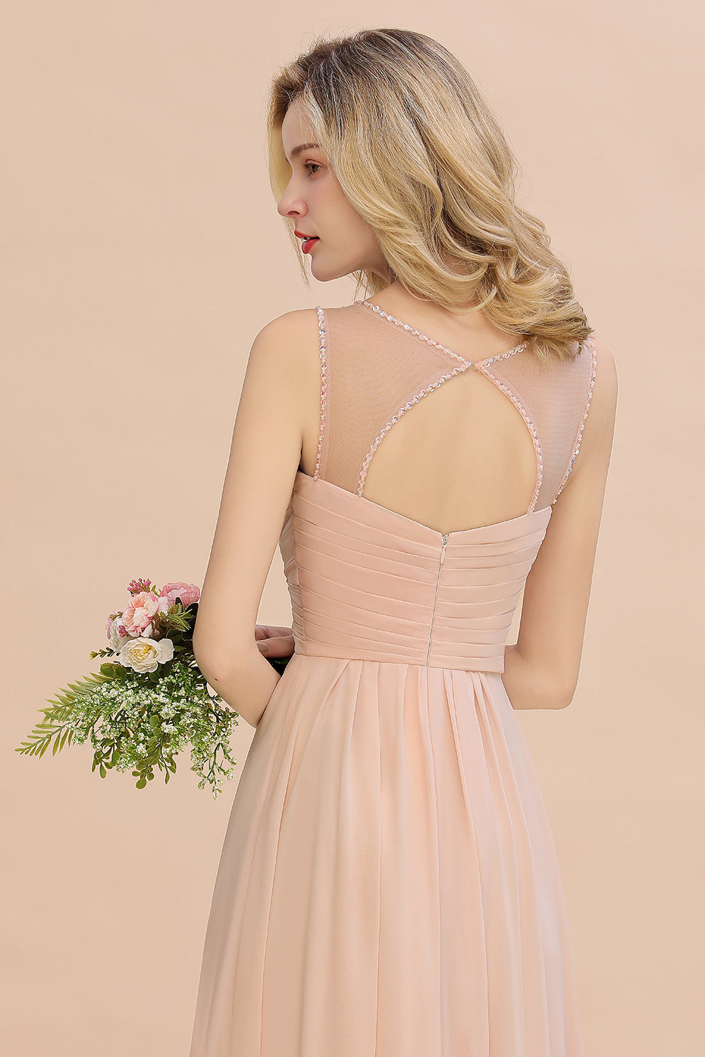Elegant Spaghetti Straps Pink Backless Bridesmaid Dresses with Beadings