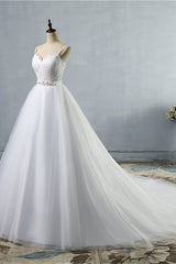 Elegant Spaghetti Straps Sweetheart Wedding Dress White Tulle Appliques Bridal Gowns with Beadings Sash
