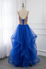 Elegant Spaghetti Straps V-Neck Sleeveless Prom Dresses with Rhinestone Ruffles