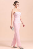 Elegant Strapless Appliques Mother of Bride Jumpsuit with Long Sleeves Wraps