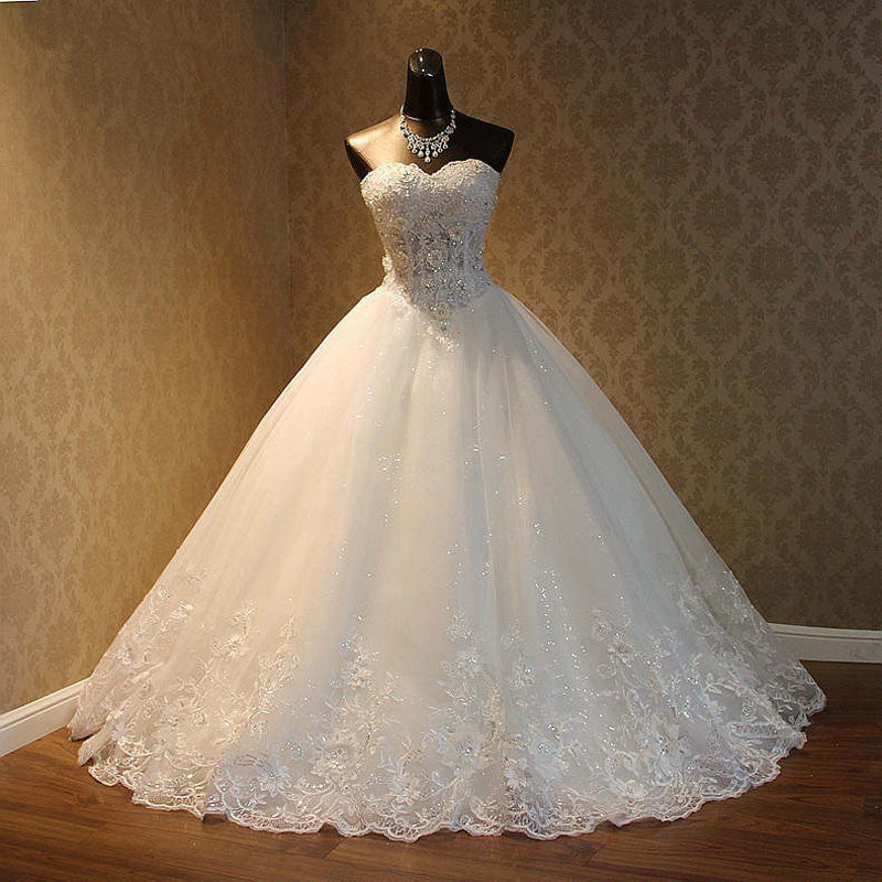 Elegant Strapless Tulle Ball Gown Wedding Dress Appliques Sequined Sweetheart Bridal Gowns On Sale