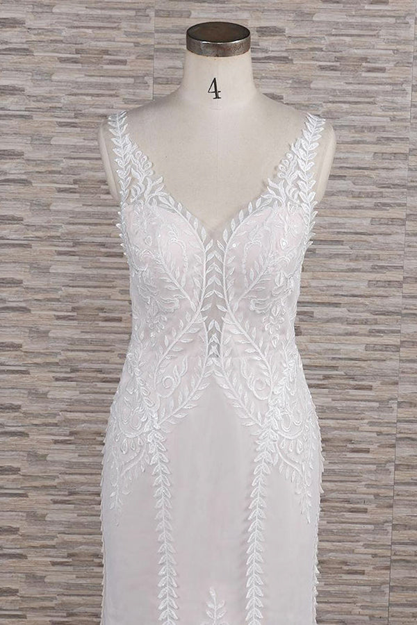 Elegant Straps A-line Lace Wedding Dresses White Mermaid V-neck Bridal Gowns On Sale