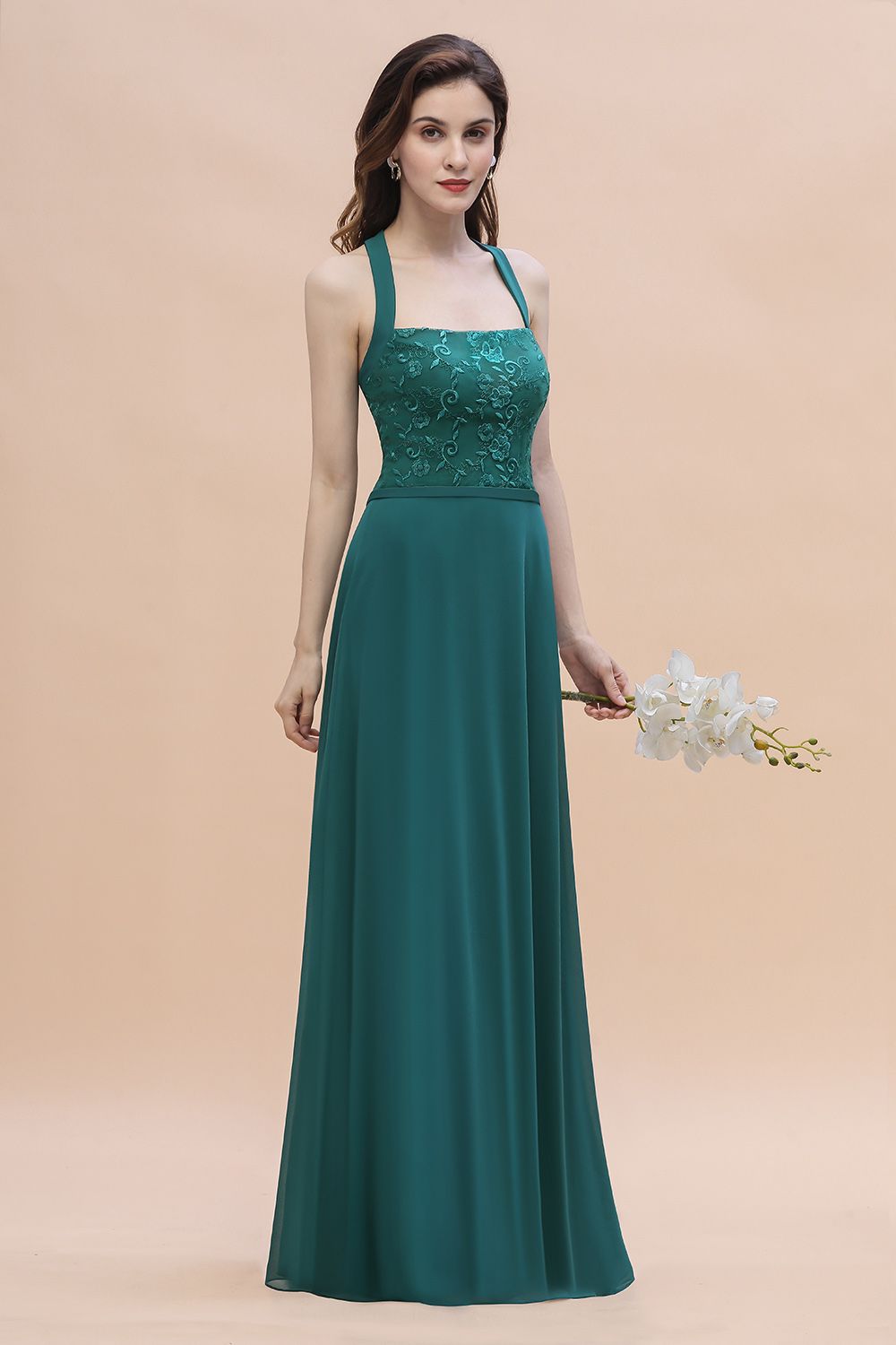 Elegant Straps Peacock Chiffon Appliques Bridesmaid Dress Sleeveless On Sale