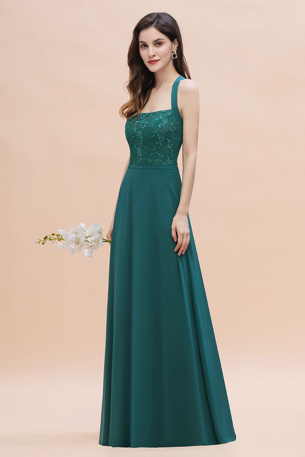 Elegant Straps Peacock Chiffon Appliques Bridesmaid Dress Sleeveless On Sale