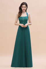 Elegant Straps Peacock Chiffon Appliques Bridesmaid Dress Sleeveless On Sale
