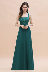 Elegant Straps Peacock Chiffon Appliques Bridesmaid Dress Sleeveless On Sale