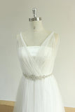Elegant Straps Tulle White Wedding Dress A-line Ruffles Sleeveless Bridal Gowns On Sale