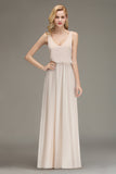 Elegant Straps V-Neck Long Affordable Bridesmaid Dresses with Ruffle