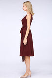 Elegant Straps V-Neck  Ruffle Short Burgundy Bridesmaid Dress with Bow Sash