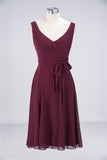Elegant Straps V-Neck  Ruffle Short Burgundy Bridesmaid Dress with Bow Sash