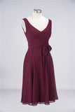 Elegant Straps V-Neck  Ruffle Short Burgundy Bridesmaid Dress with Bow Sash