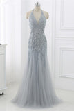 Elegant Tulle Halter Rhinestones Mermaid Prom Dresses Sleeveless Appliques Online