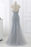 Elegant Tulle Halter Rhinestones Mermaid Prom Dresses Sleeveless Appliques Online