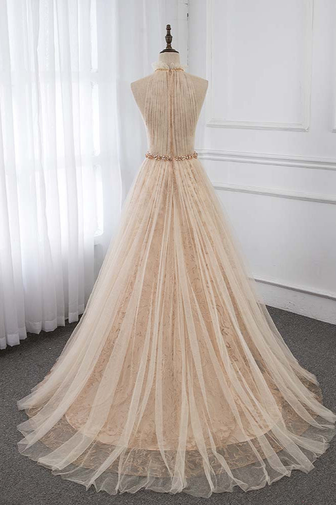 Elegant Tulle Jewel Appliques Ruffle Prom Dresses with Beadings Sash
