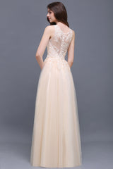 Elegant Tulle Lace Champagne Long Bridesmaid Dress With Appliques