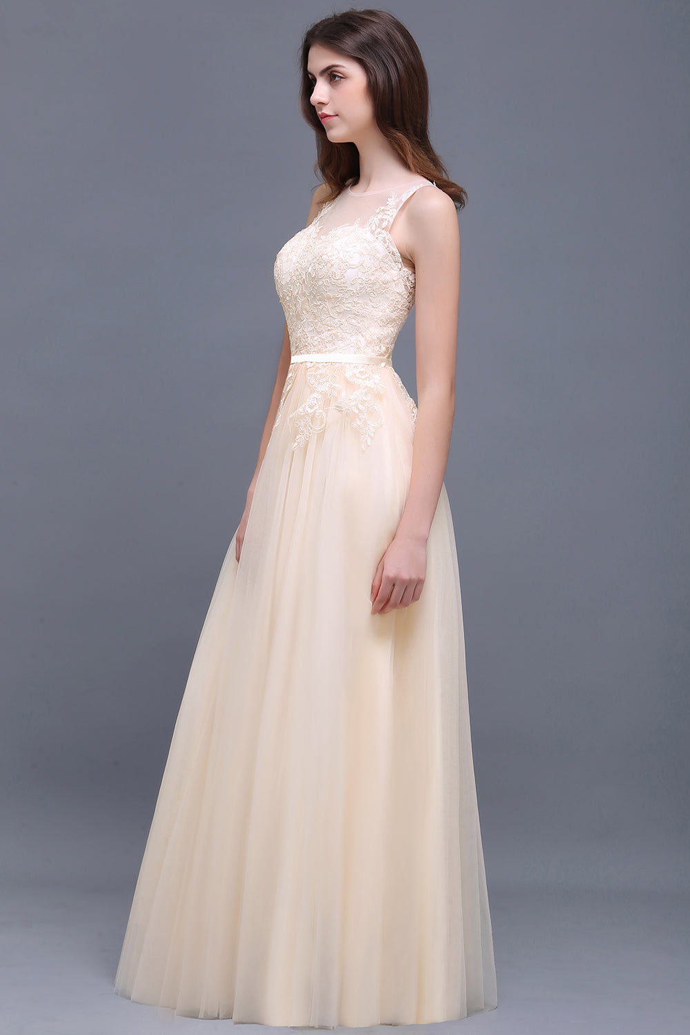 Elegant Tulle Lace Champagne Long Bridesmaid Dress With Appliques