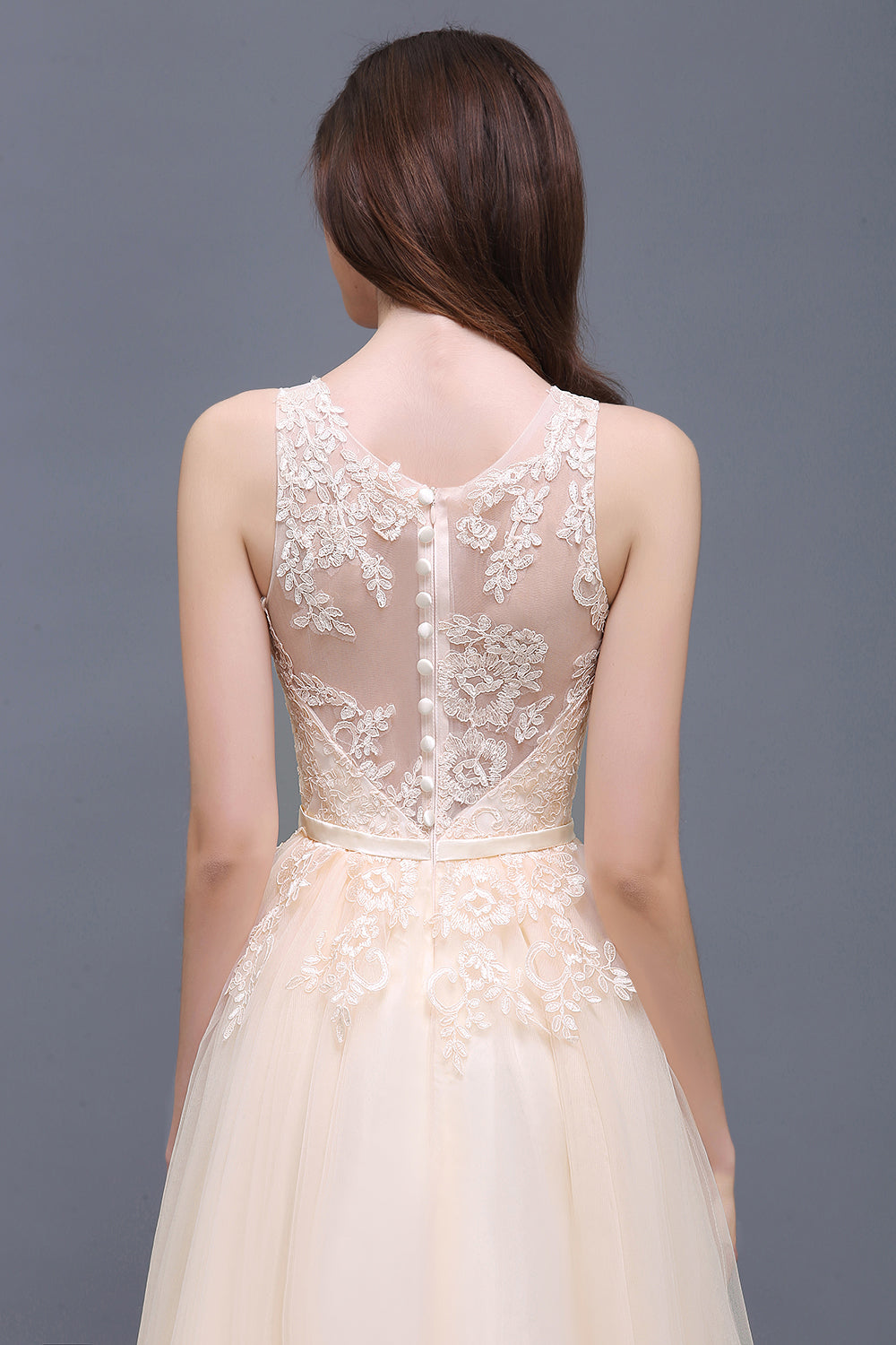 Elegant Tulle Lace Champagne Long Bridesmaid Dress With Appliques