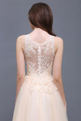 Elegant Tulle Lace Champagne Long Bridesmaid Dress With Appliques