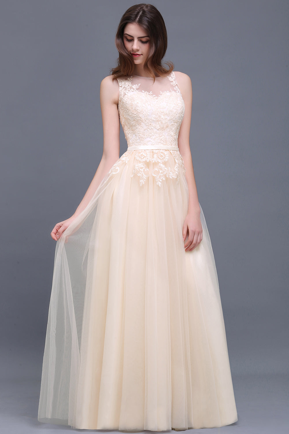 Elegant Tulle Lace Champagne Long Bridesmaid Dress With Appliques