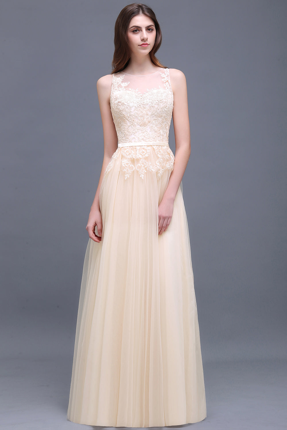 Elegant Tulle Lace Champagne Long Bridesmaid Dress With Appliques