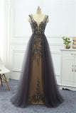 Elegant Tulle V-Neck Ruffle Beadings Prom Dresses with Appliques