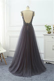 Elegant Tulle V-Neck Ruffle Beadings Prom Dresses with Appliques
