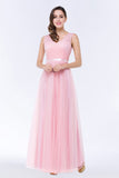 Elegant Tulle V-Neck Sleeveless Ruffle Long Bridesmaid Dress with Sash