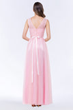 Elegant Tulle V-Neck Sleeveless Ruffle Long Bridesmaid Dress with Sash