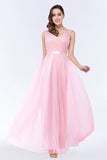 Elegant Tulle V-Neck Sleeveless Ruffle Long Bridesmaid Dress with Sash