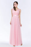 Elegant Tulle V-Neck Sleeveless Ruffle Long Bridesmaid Dress with Sash