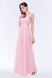 Elegant Tulle V-Neck Sleeveless Ruffle Long Bridesmaid Dress with Sash